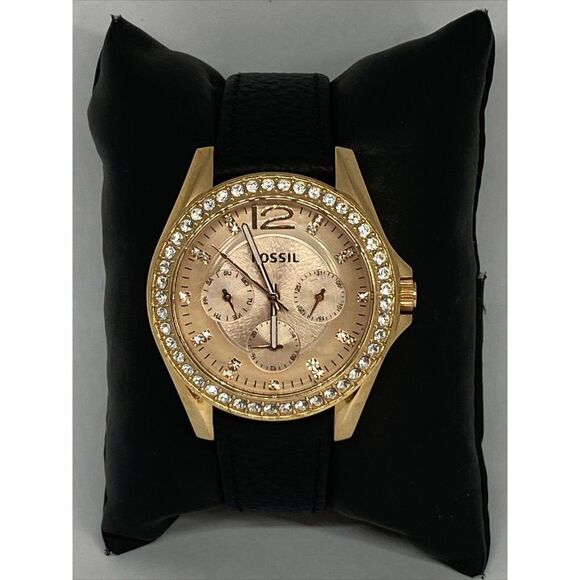 Fossil Riley ES2811 Women Black Leather Rose Gold Analog Dial Quartz Watch RK410 - Picture 3 of 12